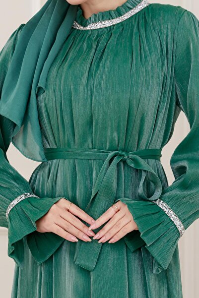 Sevitli Glittery Stone Evening Dress-Green