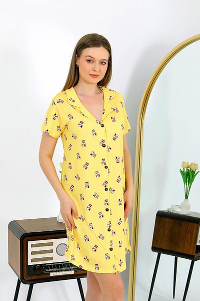 Akbeniz Women's Cotton Combed Short Sleeve Buttoned Yellow Tunic Nightgown 13112