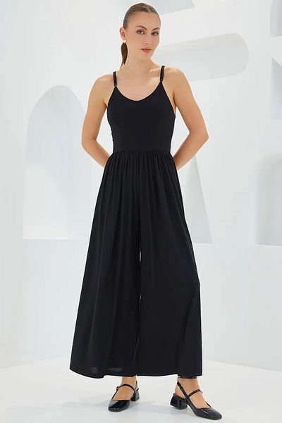 LE CARAMBOLE Women's Black Back Cross Strap Wide Leg Jumpsuit