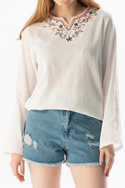 Eliş Şile Bezi Large Size Long Sleeve Sile Cloth Rainbow Embroidery Detailed Summer Blouse White Byz