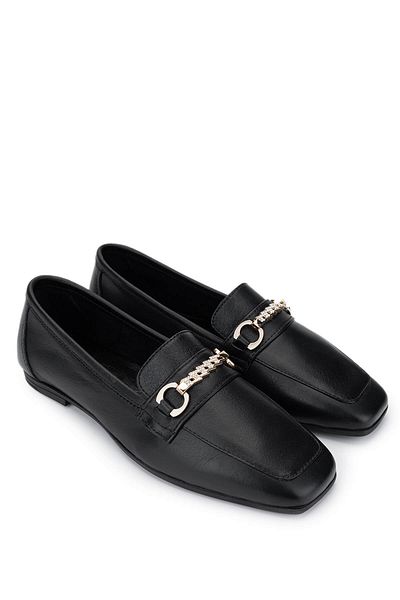 Tamer Tanca Women's Genuine Leather Black Leather Loafer Shoes