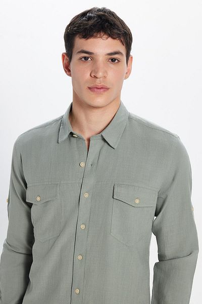 Tudors Men's Slim Fit Slim Fit 100% Cotton Linen Texture Double Pocket Sport Collar Light Khaki Shirt