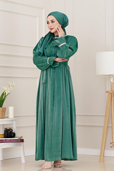 Sevitli Glittery Stone Evening Dress-Green