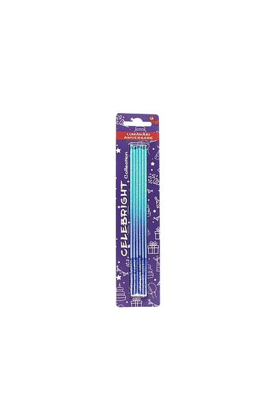 BM GİFT DESİGN Set 6 lumânări pentru tort, Celebright, turcoaz-mov degrade, bază albastră, 17 cm
