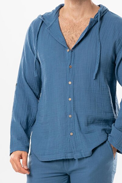 Eliş Şile Bezi Ανδρικό καλοκαιρινό φούτερ με μακρυμάνικη κουκούλα - Indigo