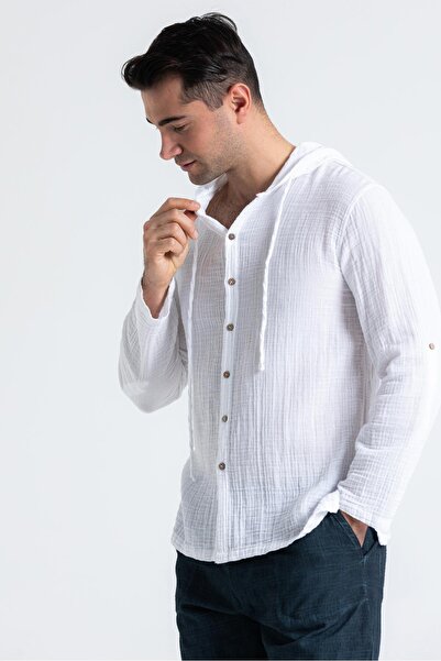 Eliş Şile Bezi Ανδρικό καλοκαιρινό μουσελίνα μακρυμάνικο φούτερ με κουκούλα Λευκό Byz