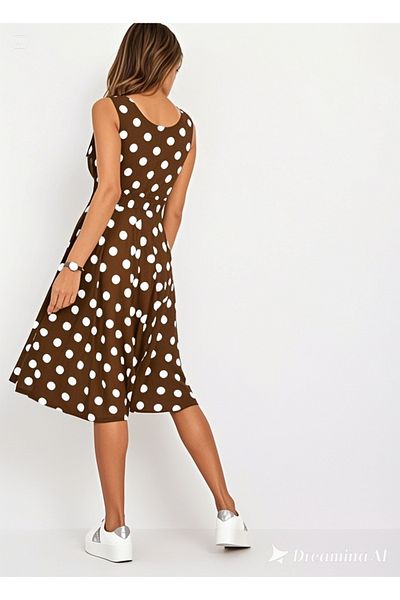 Şans Women Plus Size Brown, Point Pattern Wrap Back Waist Elastic Detail Dress 65N19620