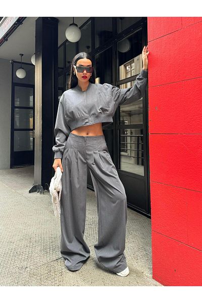 minaaise Anthracite Pleated Oversize Polyviscon Trousers 28005