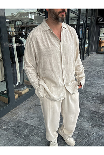 BYBASICMAN Cămașă de in bej cu dungi G-5187/12