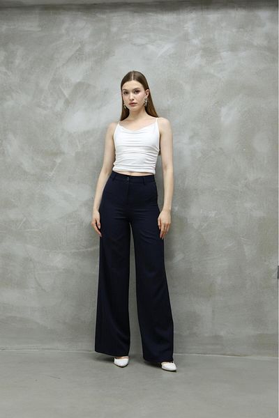 Sea Queen Women's Navy Blue High Waist Palazzo Fabric Trousers