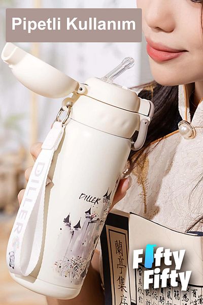 Vagonlife 600 ml Diller Single Lid Efficient Medicine Headache with Straw / Portepee Carrying Cup & Metal Thermos