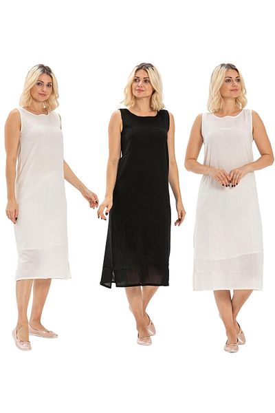 Eliş Şile Bezi Jupon din bumbac și pânză Sile pentru femei - Rochie lungă cu bretele de atletă groasă Set de 3 crem/negru/crem