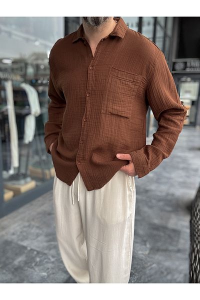 BYBASICMAN Brown Muslin Fabric Long Sleeve Shirt G-5186/5468