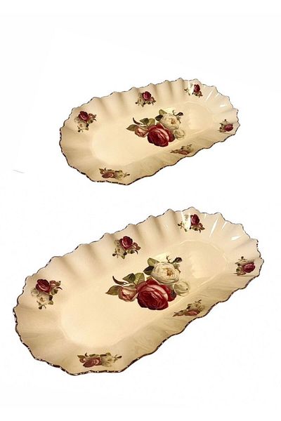 ROY KING Porcelain Oval Serving Plate Gold Cream Rose Rose Pattern