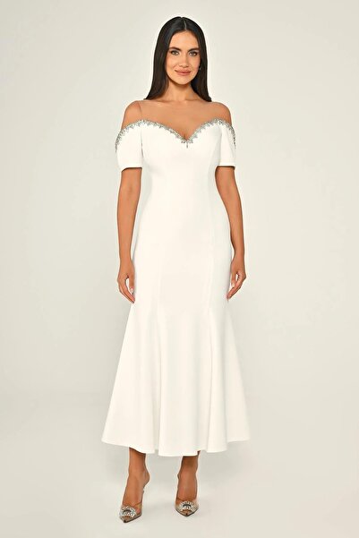 ALFABETA Yakası Taşlı Düşük Kol Krep Midi Abiye Elbise