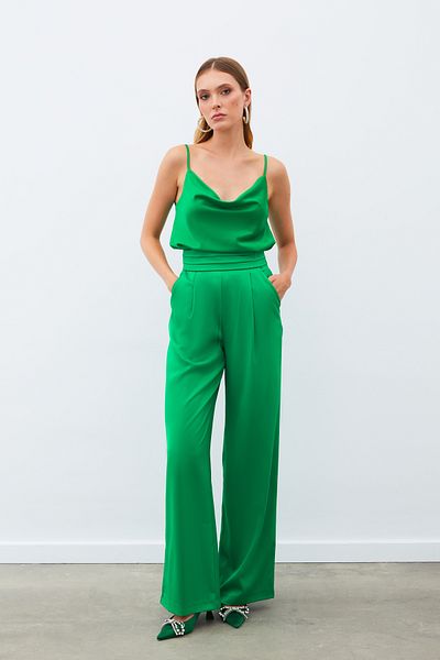 Sateen Loose Satin Trousers with Pockets - Green