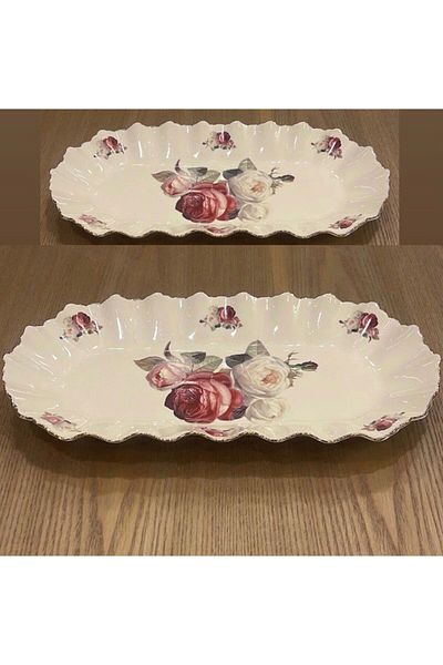 ROY KING Porcelain Oval Serving Plate Gold Cream Rose Rose Pattern