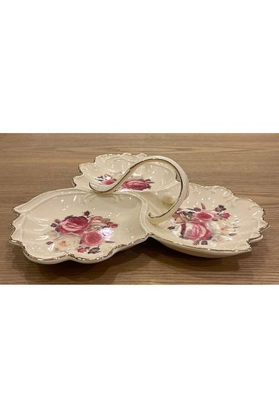 ROY KING Porcelain 3-Piece Snack Bowl Sauce Bowl Serving Plate with Handle Cream Gold Rose Pattern Rose 28 X 9 cm