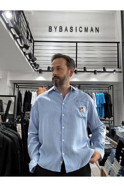 BYBASICMAN Blue Striped Pocket Embroidered Shirt G-5612/1