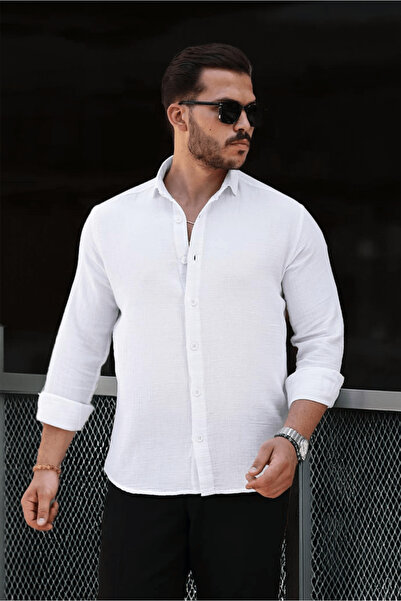 Valiberta Cămașă pentru bărbați din țesătură de muselină, cu jumătate de mărime, cu mâneci lungi, cu guler - alb