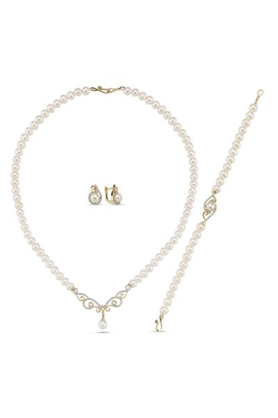 Birinci 14 Ayar Altın 7 mm Taşlı Doğal İnci Kolye Bileklik Yüzük Üçlü Set