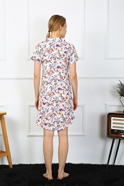 Akbeniz Ecru Women's Tunic Nightgown - Short Sleeve, Buttoned, Combed Cotton 13104