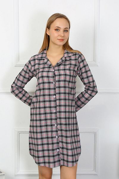 Akbeniz Black Combed Cotton Tunic Nightgown - Long Sleeve, Buttoned 13102
