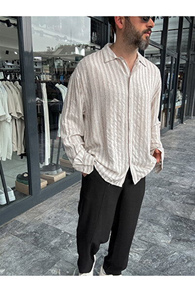 BYBASICMAN Cămașă de in cu dungi bej texturate G-5187/10