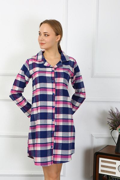 Akbeniz Navy Blue Combed Cotton Tunic Nightgown - Long Sleeve, Buttoned 13102