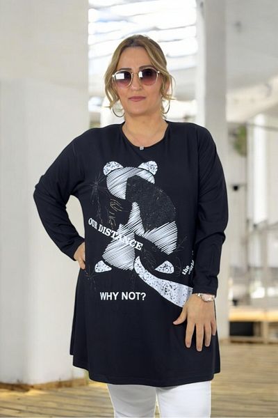 yagmurberen Patterned Crew Neck 2 Thread Combed Short Sleeve Basic Large Size T-Shirt Bluz