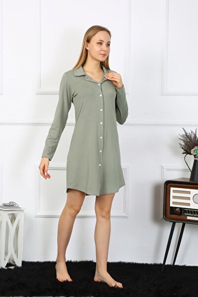 Akbeniz Khaki Colored Women's Tunic Nightgown - Long Sleeve, Buttoned - 13103