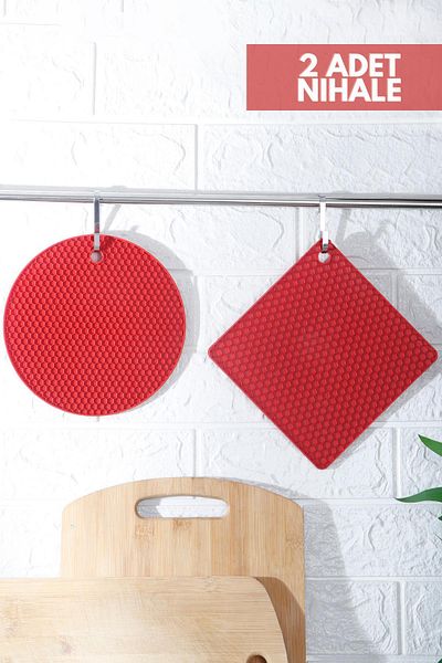 HOMENIVA 2 Pieces Red Silicone Trivet - Square Round Trivet