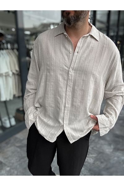 BYBASICMAN Beige Fine Pattern Striped Linen Shirt G-5187/11
