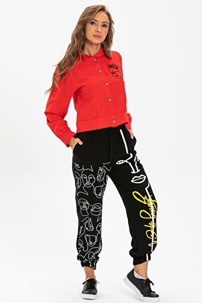 Eliş Şile Bezi Irem Printed Flannel Autumn and Winter Pants Black Syh