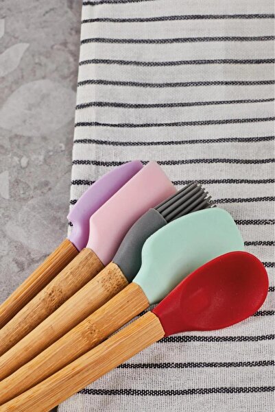 HOMENIVA 5 Parça Mini Silikon Spatula Kaşık Fırça Seti - High Quality - Bambu Saplı