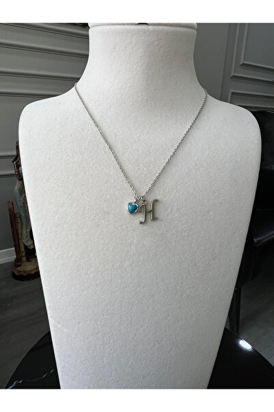 Store H Harf Kolye Doğal Taş Turkuaz Kalp Charmlı Çelik Zincirli