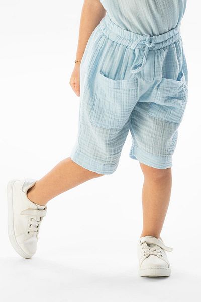 Eliş Şile Bezi Pantaloni scurti de vară pentru fetiță din muselină - Western Buzunar Detaliat, Ice Blue Bmv