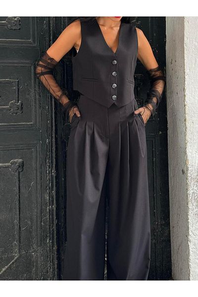 minaaise Pantaloni negri plisați oversize Polyviscon 28005