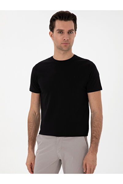 Cacharel Siyah Slim Fit Bisiklet Yaka Pamuk Karışımlı Basic T-shirt 50310013-VR046