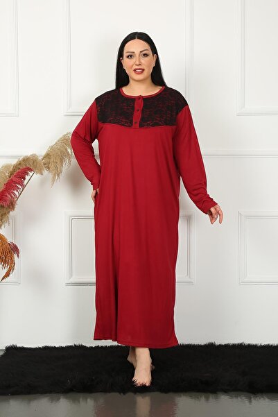 Akbeniz Claret Red Lace Long Sleeve Mother's Nightgown 1355