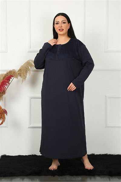 Akbeniz Μεγάλο μακρυμάνικο δαντέλα Navy Blue Mother Nightdress 1355