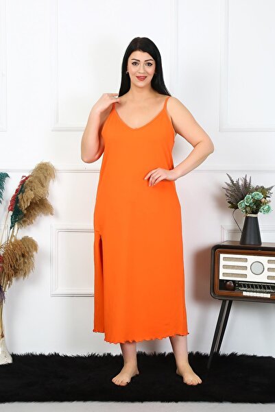 Akbeniz Women's Large Size Rope Strap Cotton Orange Long Nightgown 12100