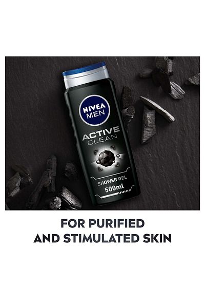 NIVEA MEN Active Clean Charcoal Shower Gel 3in1, Woody Scent, 500ml, Pack of 2
