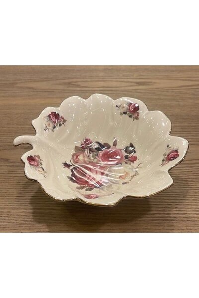 ROY KING Porselen Yaprak Model Çukur Meze Servis Tabağı Krem Gold Gül Desen R...