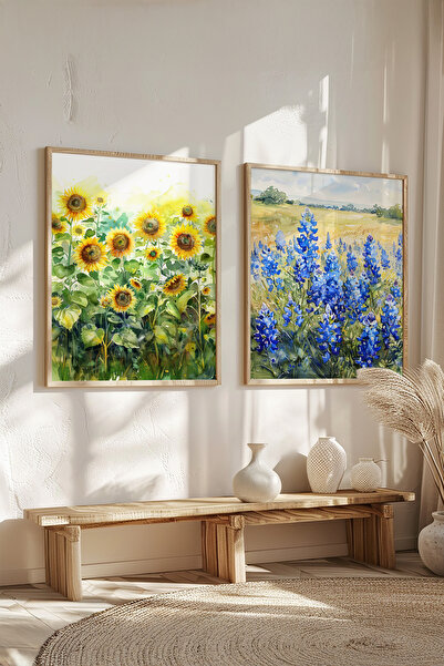 STARYUNA Efekat akvarela, pejzaž sa suncokretima i zumbulima, vintage set od ...