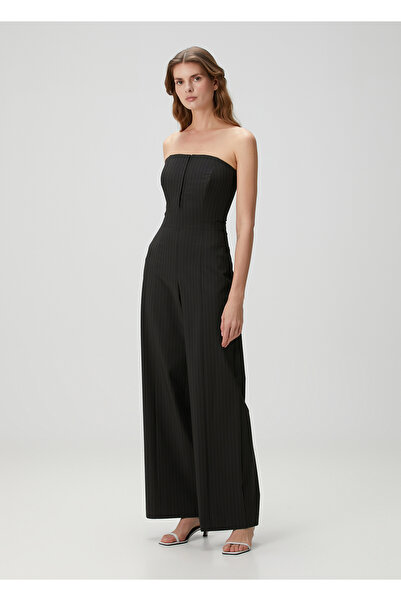 Academia Siyah Straplez Çizgili Tulum