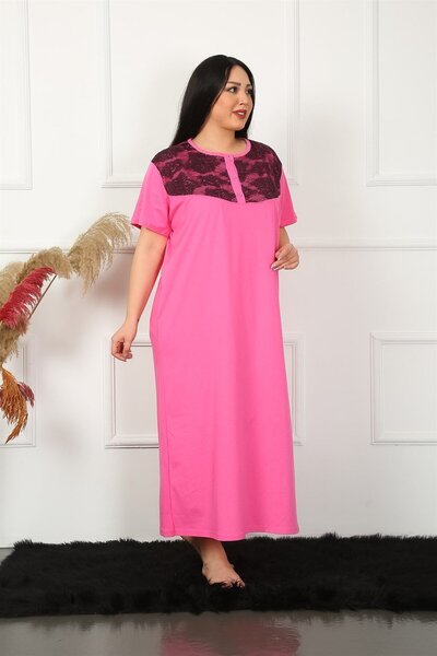 Akbeniz Fuchsia Mother's Nightgown - Big Lace, Short Sleeve, Model 1348