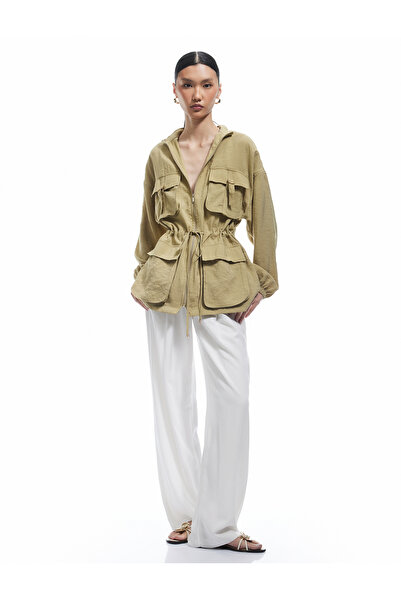 Koton Lange Jacke aus Modalstoff mit Taillenband und Reißverschlusstasche