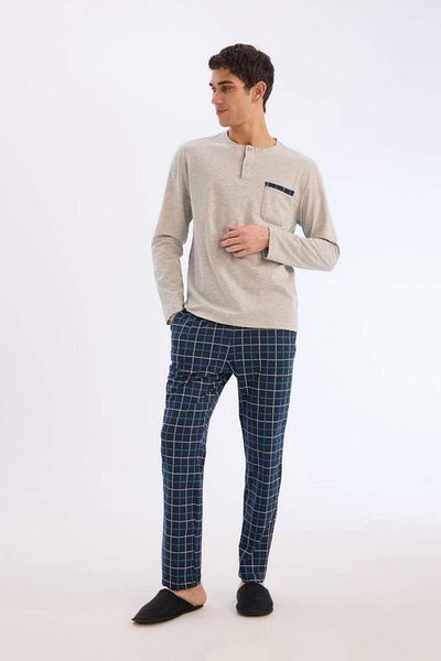 DeFacto Σετ πιτζάμες New Season Regular Fit Μακρυμάνικο μπλουζάκι με μακρύ καρό κάτω μέρος