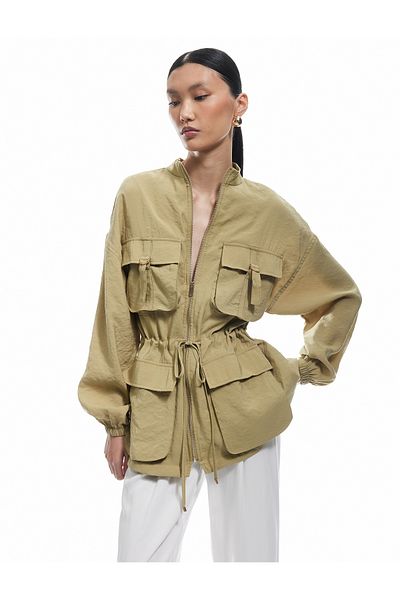 Koton Modal Fabric Waist Tie Detailed Zippered Pocket Long Jacket